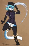 2018 5_fingers action_pose anthro blue_body blue_fur blue_hair bottomless capcom casual_exposure clothed clothing conditional_dnp cosplay digital_media_(artwork) dress exposure_variation felid feline female fingers fluff-kevlar fur genitals hair hat headgear headwear legwear mammal multicolored_body multicolored_fur no_underwear pose purple_eyes pussy short_dress simple_background solo street_fighter tail thigh_highs two_tone_body two_tone_fur upskirt vikna_(fluff-kevlar) white_body white_fur