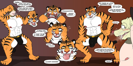 4_toes 5_fingers anthro biped bulge chest_tuft claws clothed clothed_anthro clothing detailed_bulge dialogue duo fangs feet finger_claws fingers fur genital_outline hair hand_on_hip holding_mask human_to_anthro male male_anthro male_human markings mask mask_transformation multi_frame_sequence muscular muscular_anthro muscular_male nipples pecs penis_outline pose profanity simple_background skimpy solo_focus species_transformation speech_bubble standing steamy_breath striped_body striped_markings striped_tail stripes suit_transformation tail tail_markings talking_to_another teeth text tf_into_fictional_character toe_claws toes tongue tongue_out tongue_sleeve topless topless_anthro topless_male transformation transformation_sequence tuft yellow_sclera nearu-senpai epic_games fortnite oscar_(fortnite) skillet_(fortnite) felid human mammal pantherine tiger 2025 digital_media_(artwork) english_text hi_res sequence