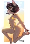 anthro bikini bob_cut breasts brown_body brown_fur clothed clothing feet female fur golden_clothes hair looking_at_viewer pawpads paws ring simple_background smile solo swimwear tail thick_thighs two-piece_swimsuit conditional_dnp zoyler golden_week lackadaisy ivy_pepper domestic_cat felid feline felis mammal digital_drawing_(artwork) digital_media_(artwork) hi_res