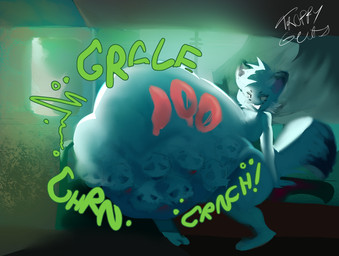 anthro bone digestion digestion_noises fur male male_pred paint smile standing vore white_body white_fur troppygutz taluna canid canine fox mammal hi_res