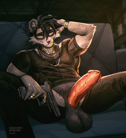 balls gangster genitals gun hair handgun humanoid_genitalia humanoid_penis jewelry looking_at_viewer penis pistol ranged_weapon solo weapon moynzarek mammal procyonid raccoon 2026 absurd_res hi_res