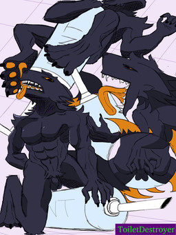 anal anal_fingering anthro arm_tuft big_syringe black_body black_fur canine_teeth claws cowgirl_position feet fentanyl fingering flaccid foot_fetish from_front_position fur genitals head_tuft licking licking_object lying male masturbation muscular neck_tuft on_bottom on_top open_mouth orange_sclera orange_tounge penis pubes purple_background riding_object sex shoulder_tuft simple_background solo syringe teeth tongue tongue_out tuft toiletdestroyer casualties:_unknown expie_(gunsawian) gunsawian 3:4 hi_res multiple_scenes