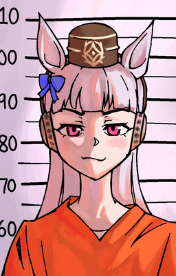chart clothing female grey_ears grey_hair hair hat headgear headwear height_chart looking_at_viewer mugshot orange_clothing pillbox_hat pink_eyes smile smirk solo stirfriedspam cygames uma_musume_pretty_derby gold_ship_(pretty_derby) animal_humanoid equid equid_humanoid equine equine_humanoid horse_humanoid humanoid mammal mammal_humanoid 2025 bust_portrait hi_res portrait