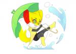 ambiguous_gender anthro boots bubble chibi clothed clothing coat eyebrows eyewear floating footwear fully_clothed fur glasses green_eyes hair happy long_tail looking_at_viewer raincoat raised_leg raised_tail red_body red_fur shoes short_hair smile solo splash tail toony topwear umbrella water white_body white_fur yellow_body yellow_fur leaf_(artist) fante canid canine fox mammal 2019 digital_media_(artwork) hi_res shaded watermark