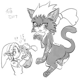 alternate_species ambiguous_gender duo feral holding_character interrobang pawpads simple_background size_difference text white_background karin_kinako nintendo the_legend_of_zelda twilight_princess link midna domestic_cat felid feline felis humanoid hylian mammal 1:1 2020 japanese_text monochrome