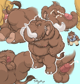 4_fingers anal anal_penetration animal_genitalia anthro anthro_on_anthro anus balls belly big_head biped blue_background bodily_fluids brown_body brown_eyes brown_fur butt clock clothed clothing cum cum_in_ass cum_inside cum_on_face cumshot duo ejaculation erection eyes_closed facial_hair fingers foreskin fully_clothed fur genital_fluids genitals hair humanoid_genitalia humanoid_penis male musclegut muscular nipples nude orange_body orange_fur orgasm overweight overweight_male penetration penis proboscis_(anatomy) raised_tail sex sheath simple_background solo tail tail_grab trunk_(anatomy) trunk_play trunk_sex trunkjob tuft tusks vein veiny_penis watch wristwatch dudebulge max_tuskadero elephantid mammal mammoth prehistoric_species proboscidean 2018 absurd_res digital_media_(artwork) hi_res multiple_images signature