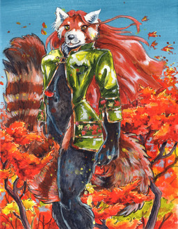 anthro autumn black_body black_fur bottomless brown_body brown_eyes brown_fur clothed clothing female fur hair jacket leaf looking_at_viewer outside plant red_body red_fur red_hair sky smile topwear tree white_body white_fur wind heather_bruton ailurid mammal red_panda 2025 acrylic_painting_(artwork) colored_pencil_(artwork) marker_(artwork) painting_(artwork) traditional_media_(artwork) traditional_painting_(artwork)
