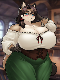 anthro arm_tuft big_breasts black_hair blue_eyes blush breasts brown_body brown_fur chest_tuft cleavage clothed clothing collarbone dipstick_ears double_chin ear_markings eyebrows eyelashes female fur hair hand_on_hip huge_breasts inner_ear_fluff multicolored_ears overweight overweight_female shoulder_tuft slightly_chubby slightly_chubby_anthro slightly_chubby_female solo tan_body tan_fur tavern thick_thighs tuft wide_hips blazbaros domestic_cat felid feline felis mammal 2025 3:4 hi_res