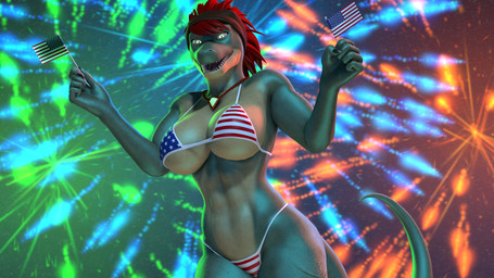 5_fingers abs american_flag anthro big_breasts bikini bikini_bottom bikini_top breasts claws cleavage clothed clothing female fingers fireworks flag_bikini flag_swimwear green_body green_eyes green_scales green_tail hair holidays jewelry kerchief long_hair muscular muscular_anthro muscular_female necklace night red_hair scales sharp_teeth smile solo swimwear tail teeth thick_thighs two-piece_swimsuit united_states_of_america thevestige petruz_(modeler) 4th_of_july jayda_(thevestige) lizard_(petruz) lizard reptile scalie 16:9 3d_(artwork) digital_media_(artwork) hi_res source_filmmaker_(artwork) widescreen