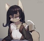 4_fingers anthro bent_over big_breasts black_hair blush breasts butt clothed clothing eyewear female fingers glasses grey_background hair half-closed_eyes narrowed_eyes purple_eyes simple_background snout solo topwear honeycalamari canid canine fox mammal 2020