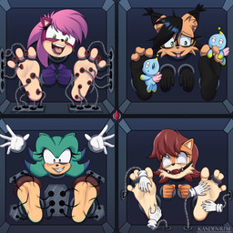 3_toes anthro clothing feet female gloves group handwear laugh open_mouth soles tickle_torture tickling tickling_feet toes white_clothing white_gloves white_handwear kandenrem archie_comics sega sonic_the_hedgehog_(archie) sonic_the_hedgehog_(comics) sonic_the_hedgehog_(series) sonic_underground breezie_the_hedgehog nicole_the_lynx sally_acorn sonia_the_hedgehog chao_(sonic) eulipotyphlan felid feline hedgehog lynx mammal rodent sciurid tree_squirrel 1:1 absurd_res hi_res