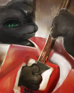 3_fingers abstract_background anthro asian_clothing bangs black_body black_fur black_hair black_nose clothing east_asian_clothing female female_anthro fingers fur green_eyes hair japanese_clothing kemono kimono looking_at_viewer musical_instrument one_eye_closed plucked_string_instrument pupils red_clothing shamisen slit_pupils solo string_instrument hasukii felid feline mammal 4:5 character_request
