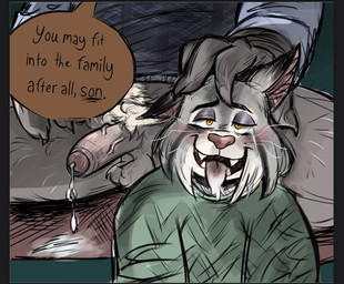 anthro anthro_on_anthro balls blush bodily_fluids clothing cum dialogue duo genital_fluids genitals half-closed_eyes humanoid_genitalia humanoid_penis intraspecies male male/male narrowed_eyes open_mouth penis sitting slightly_chubby speech_bubble sweater tears text topwear ookamiwolfb disney zootopia milton_lynxley pawbert_lynxley canada_lynx felid feline lynx mammal 2025 english_text father_(lore) father_and_child_(lore) father_and_son_(lore) incest_(lore) parent_(lore) parent_and_child_(lore) parent_and_son_(lore) son_(lore)