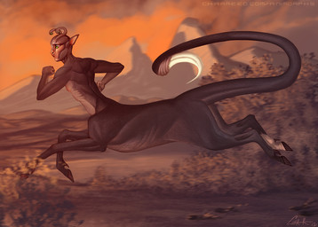 black_hooves blade cloud detailed_background evening eyestalks hooves male mountain mouthless orange_sky outside plant running shrub sky solo tail tail_blade unguligrade weapon_tail worried charreed animorphs alien andalite taur 2013 digital_media_(artwork) digital_painting_(artwork) painting_(artwork) shaded