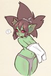 big_breasts bottomwear breasts brown_hair clothing ear_piercing ear_ring female green_body green_skin hair humanoid_pointy_ears loincloth looking_at_viewer navel not_furry notched_ear piercing pointy_ears pupils red_sclera ring_piercing shirt short_stack simple_background slit_pupils solo speech_bubble topwear undressing white_clothing white_shirt white_topwear peachkuns goobie_(da3rd) goblin humanoid mammal digital_media_(artwork)