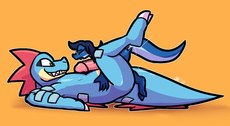 4_fingers anthro anthro_on_anthro anthro_penetrated anthro_penetrating anthro_penetrating_anthro big_penis blue_body blue_hair blue_scales blush claws cute_fangs duo erection eyewear fangs feet finger_claws fingers from_front_position genitals glans glasses grey_eyewear grey_glasses grin hair hip_grab humanoid_feet humanoid_genitalia humanoid_penis larger_anthro larger_male larger_penetrated legs_up lying male male/male male_penetrated male_penetrating male_penetrating_male mismatched_genitalia mismatched_humanoid_penis mismatched_penis missionary_position motion_lines nude on_back penetration penis pink_glans pink_penis plantigrade red_hair scales sex sharp_teeth size_difference smaller_anthro smaller_male smaller_on_top smile teeth thick_penis thrusting toe_claws white_claws yellow_body yellow_eyes yellow_scales ultilix nintendo pokemon ulti_(ultilix) crocodilian feraligatr generation_2_pokemon lizard pokemon_(species) reptile scalie 2025 dated