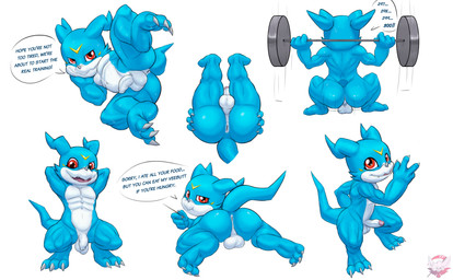 abs anthro anus backsack balls butt calf_muscles erection exercise flaccid foreskin genitals glans horn legs_up male muscular muscular_anthro muscular_male non-mammal_balls pecs penis presenting presenting_anus red_eyes shortstack shortstack_male simple_background smile smirk solo spread_legs spreading tail text weightlifting white_background workout fennephilim_fox bandai_namco digimon digimon_(species) scalie veemon absurd_res english_text hi_res