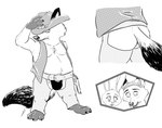 anthro belly bulge butt clothing cowboy cowboy_hat group hat headgear headwear humanoid_hands male moobs overweight overweight_male underwear weapon gerardson disney zootopia gideon_grey judy_hopps nick_wilde canid canine fox lagomorph leporid mammal rabbit red_fox true_fox 2018 hi_res monochrome