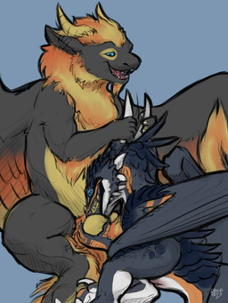 ambiguous_gender anthro anthro_on_anthro anthro_penetrated anthro_penetrating anthro_penetrating_anthro ball_grab balls black_body blue_eyes claws duo erection fellatio genitals horn horn_grab looking_down looking_down_at_partner male multicolored_body oral oral_only oral_penetration penetration penile penis penis_in_mouth runes sex simple_background sucking teeth tongue two_tone_body wings yellow_body drgn8d european_mythology mythology sandalf dragon mythological_creature mythological_scalie scalie western_dragon 2015 hi_res signature