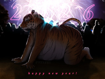 all_fours anthro belly big_belly big_breasts black_stripes breasts eyelashes female female_anthro fireworks fur glowing glowing_eyes holidays huge_belly huge_breasts long_eyelashes long_nails mature_anthro mature_female night orange_body orange_fur outside overweight overweight_anthro overweight_female pink_nose silhouette silhouette_background solo stripes text thick_thighs whiskers white_body white_fur wide_hipped_anthro wide_hipped_female band1tnsfw new_year felid mammal pantherine tiger 4:3 absurd_res digital_drawing_(artwork) digital_media_(artwork) english_text hi_res