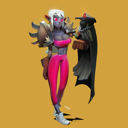 5_fingers ambiguous_feral ambiguous_gender armor beak beak_closed black_beak black_body black_cloak black_clothing black_feathers black_tail black_tattoo black_wings bottomwear breast_squish breasts brown_clothing brown_gloves brown_handwear chain_necklace cleavage cloak closed_smile clothed clothed_female clothed_humanoid clothing crop_top duo ear_piercing ear_ring eyebrows feathers female female_humanoid feral fingers footwear fully_clothed fully_clothed_female fully_clothed_humanoid gloves glowing glowing_eyes gold_(metal) gold_ear_ring grey_body grey_skin hair handwear hooded_cloak humanoid_pointy_ears jewelry jogging_pants larger_female larger_humanoid leg_tattoo light lips long_hair medium_breasts midriff mouth_closed necklace no_pupils pants pauldron perching piercing pink_bottomwear pink_clothing pink_crop_top pink_eyes pink_lips pink_pants pink_shirt pink_topwear pointy_ears red_eyes ring_piercing shirt shoes simple_background size_difference smaller_ambiguous smaller_feral smile squish standing tail tail_feathers tattoo thick_eyebrows topwear white_clothing white_eyebrows white_footwear white_hair white_shoes wings yellow_background federico_maria_cugliari blizzard_entertainment warcraft avian bird corvid corvus_(genus) crow elf humanoid oscine passerine 1:1 2021 adobe_photoshop_(artwork) colored digital_drawing_(artwork) digital_media_(artwork) english_description hi_res lighting procreate_(artwork) shaded signature