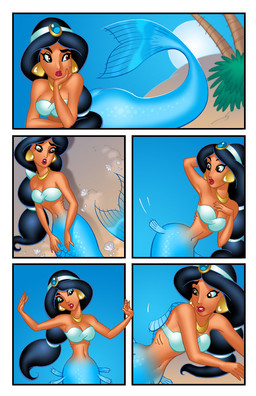 after_transformation black_hair blue_body blue_scales breasts butt female fin fin_growth full_moon gold_(metal) gold_jewelry hair jewelry looking_down moon navel night open_mouth outside scales solo split_form surprised justinblong2003 disney disney's_aladdin princess_jasmine_(disney) aquatic humanoid humanoid_merfolk merfolk 2010 comic digital_media_(artwork) hi_res
