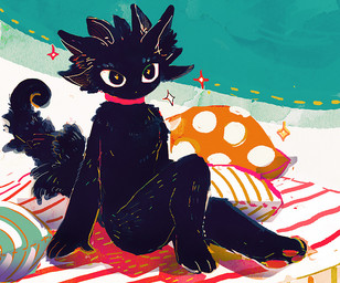 abstract_background ambiguous_anthro ambiguous_gender anthro bent_leg biped black_body black_fur collar collar_only extended_leg featureless_chest fur nude nude_ambiguous nude_anthro painterly pawpads sitting solo sparkles tail three-quarter_view hakugin domestic_cat felid feline felis mammal 2018
