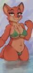 absurd_res anthro bikini breasts bulge canid canine cashier:3 cheek_tuft chest_tuft clothing crossgender disney facial_tuft fox fur genitals green_eyes gynomorph half-closed_eyes head_tuft hi_res inner_ear_fluff intersex legs_in_water looking_at_viewer mammal micropenis mtg_crossgender mti_crossgender narrowed_eyes navel nick_wilde nipple_outline orange_body orange_fur partially_submerged penis penis_base red_fox small_penis smile solo submerged_legs submerged_tail swimwear tail_in_water thick_thighs trans_(lore) trans_woman_(lore) true_fox tuft two-piece_swimsuit under_boob water wide_hipped_female wide_hips zootopia