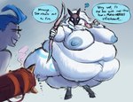 anthro anthro_focus areola belly belly_overhang belly_rolls big_areola big_belly big_breasts big_nipples biped blue_areola blue_markings blue_nipples bow_(weapon) breasts deep_navel dialogue digitigrade duo expansion fat_arms fat_legs fat_rolls featureless_crotch female floppy_ears fluffy fur glowing glowing_eyes hair holding_bow_(weapon) holding_object holding_ranged_weapon holding_weapon hooves huge_belly huge_hips huge_thighs looking_at_another lop_ears love_handles markings mask mask_only morbidly_obese morbidly_obese_anthro morbidly_obese_female navel neck_tuft nipples nude obese obese_anthro obese_female oblivious overweight overweight_anthro overweight_female question_mark ranged_weapon rapid_weight_gain short_tail simple_background solo_focus sound_effects speech_bubble standing tail text thick_thighs thirsty three-quarter_view tuft weapon weight_gain white_body white_fur white_hair wide_hips cro-iba league_of_legends riot_games tencent jinx_(lol) kindred_(lol) lamb_(lol) bovid caprine human mammal sheep 2024 digital_drawing_(artwork) digital_media_(artwork) english_text full-length_portrait portrait