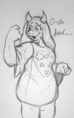 2_horns anthro biped blush blush_lines bodily_fluids breasts claws clothed clothing dialogue fangs female horn looking_at_self open_mouth oversized_clothing robe shocked solo standing sweat sweatdrop teeth text weight_loss weight_swap alt_for_fat_art undertale undertale_(series) toriel bovid caprine goat mammal 2024 english_text graphite_(artwork) greyscale hi_res monochrome portrait sketch three-quarter_portrait traditional_media_(artwork)