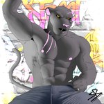 anthro artificial_selection black_body black_fur black_sclera claws fur graffiti male melanistic muscular muscular_anthro muscular_male scar solo sybervenn akuma_(character) akuma_(sybervenn) felid feline mammal pantherine 1:1 absurd_res digital_media_(artwork) hi_res