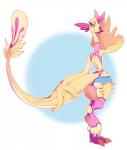 anthro big_hands bottomwear butt clothed clothing female horn pink_eyes shorts simple_background solo wide_hips ground-lion avian 2018