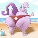 anthro ball beach beach_ball big_butt butt clothing huge_butt inflatable lifeguard looking_at_viewer looking_back male narrowed_eyes outside purple_body purple_skin rear_view red_clothing red_speedo red_swimwear seaside solo speedo swimwear tail thick_thighs wide_hips zyfoh nintendo pokemon generation_1_pokemon legendary_pokemon mewtwo pokemon_(species) 1:1