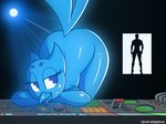 bent_over blue_body butt feathers female hologram male presenting presenting_hindquarters solo tail tail_feathers tongue tongue_out infrayellow chad_(meme) gigachad starbound a.v.i.a.n. fan_character avian avian_(starbound) bird 4:3 hi_res meme