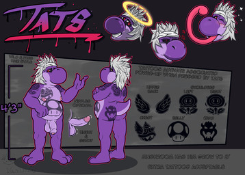 3_toes 4_fingers angry anthro balls bandanna_on_forehead belly big_balls big_belly black_sclera blonde_hair blush bodily_fluids crossed_arms description feet fingers foreskin front_view genital_fluids genitals hair halo happy kerchief long_hair long_tongue male navel nipples nude penis precum purple_body rear_view red_eyes short_tail shortstack slightly_chubby smile solo tail tattoo teeth toes tongue tongue_out white_hair vinzin_(artist) mario_bros nintendo purple_yoshi yoshi absurd_res hi_res model_sheet