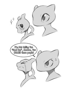 ambiguous_gender angry anthro biped bipedal_feral blush bodily_fluids closed_smile cross-popping_vein crying dialogue digitigrade duo eyelashes eyes_closed feral happy looking_at_another mouth_closed sad simple_background size_difference smile sparkles speech_bubble tears text three-quarter_view white_background digivolvar i'm_not_calling_you_"good_boy" nintendo pokemon generation_1_pokemon legendary_pokemon mew_(pokemon) mewtwo pokemon_(species) 2025 absurd_res bust_portrait english_description english_text greyscale hi_res meme monochrome portrait sequence sketch