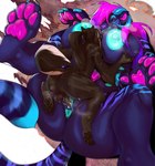 4_toes abstract_background anthro anthro_on_anthro anthro_penetrated anthro_penetrating anthro_penetrating_anthro anus areola balls big_areola big_breasts big_feet big_nipples blue_anus blue_areola blue_breasts blue_claws blue_eyes blue_horn blue_nipples blue_stripes blue_teeth blue_vulva bodily_fluids bovid_horn breast_grab breasts brown_body brown_fur brown_pawpads caprine_horn claws cum cum_in_vagina cum_inside duo feet female female_anthro female_penetrated fur genital_fluids genitals hair hand_on_another's_breast hand_on_breast highlights_(coloring) horn huge_areola huge_breasts interspecies larger_anthro larger_female male male/female male_anthro male_penetrating male_penetrating_female mature_female multicolored_hair musk nipples nude nude_anthro nude_female nude_male pawpads penetration penile penile_penetration penis_in_vagina pink_hair pink_pawpads ponytail purple_nose ram_horn sex size_difference smaller_anthro smaller_male striped_legs stripes teeth toe_claws toes two_tone_hair vaginal vaginal_penetration white_highlights igiveyoulemons canid canine canis felid mammal pantherine wolf 2023 digital_drawing_(artwork) digital_media_(artwork) hi_res