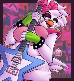 accessory anthro beak beakstick black_eyeshadow blue_eyes bow_ribbon bracelet breasts clothing crop_top electric_guitar eyeshadow feathers female fingerless_gloves furgonomics gloves guitar hair hair_accessory hair_bow hair_ribbon handwear holding_guitar holding_musical_instrument holding_object jewelry lipstick makeup musical_instrument plucked_string_instrument ribbons shirt shoulder_pads solo string_instrument thick_thighs topwear white_body white_feathers white_hair wide_hips neodrani five_nights_at_freddy's five_nights_at_freddy's:_security_breach scottgames steel_wool_studios glamrock_chica avian bird chicken galliform phasianid hi_res