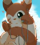 aircraft airplane blush brown_body brown_fur cloud contrail daww electronics fur headphones heart_symbol low-angle_view one_eye_closed outside sky solo vehicle wink ke_mo_suke nintendo pokemon furret generation_2_pokemon pokemon_(species) 2019 hi_res