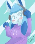 anthro blue_body blue_fur blush blush_lines breasts clothed clothing cute_fangs electronics female fur headphones jacket open_mouth pawpads paws simple_background solo topwear glacefrostbite nintendo pokemon eeveelution generation_4_pokemon glaceon humanoid pokemon_(species) hi_res