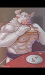 2_horns abs anthro black_bars eating eating_food food fur horn male muscular muscular_anthro muscular_male nipples pecs sandwich_(food) solo white_body white_fur toragoru european_mythology greek_mythology minotaur_hotel mythology asterion_(minotaur_hotel) bovid bovine mammal minotaur 3:5 absurd_res hi_res letterbox