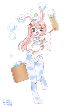 anthro bag blush bubble carrot clothed clothed_anthro clothing eyelashes food green_eyes hair hammer legwear long_ears mochi navel open_:3 pink_hair plant simple_background smile solo standing tools vegetable scorci animal_humanoid humanoid lagomorph lagomorph_humanoid leporid_humanoid mammal mammal_humanoid rabbit_humanoid 2025 hi_res