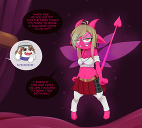 accessory ahoge blonde_hair blush bottomwear clothing ear_piercing ear_ring emote eye_scar eyewear facial_scar female floppy_ears footwear gem glasses gold_belt hair height_loss hooves horn impification insect_wings jewelry leg_warmers legwear necklace not_furry offscreen_character orange_eyes pearl_(gem) pearl_necklace piercing pink_body pink_hair_tips pink_skin pivoted_ears pointy_ears red_bottomwear red_clothing red_skirt ring_piercing round_glasses scar sharp_teeth short_stackification shortstack skirt solo spade_tail species_transformation star_necklace tail teeth thigh_highs transformation transformation_through_magic wings mentalcrash jonriel_(sandr032) proton_jon horned_humanoid humanoid imp hi_res