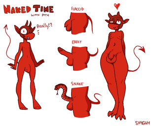 butt dialogue exclamation_point femboy flaccid genitals hair heart_symbol horn interrobang living_penis looking_at_viewer male not_furry penis penis_snake question_mark red_body red_hair red_skin sentient_penis side_view simple_background solo standing text unusual_anatomy unusual_genitalia unusual_penis white_background wide_hips shyguy9 pith demon humanoid imp reptile scalie snake digital_media_(artwork) english_text model_sheet