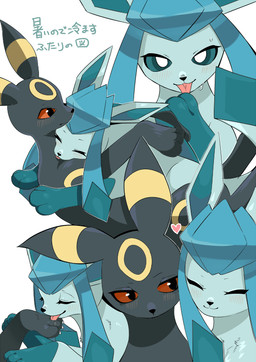ambiguous_gender blue_body blue_eyes blue_fur blush blush_lines bodily_fluids claws duo eyes_closed feral fur hug licking_paws markings red_eyes ring_(marking) simple_background sweat tail text tongue tongue_out lashi_co nintendo pokemon eeveelution generation_2_pokemon generation_4_pokemon glaceon pokemon_(species) umbreon 2025 japanese_text