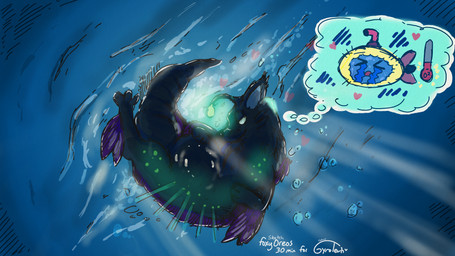 abdominal_bulge ambiguous_gender andromorph andromorph_pred blue_body feral feral_pred fin glowing glowing_markings green_markings intersex intersex_pred larger_pred lure_(anatomy) markings purple_markings quadruped size_difference swimming tail underwater vore water whiskers white_eyes conditional_dnp foxyoreos gyrotech failbetter_games fallen_london k'aazast lampcat hi_res nonbinary_(lore)