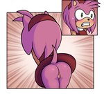 accessory anthro blush bodily_fluids butt clenched_teeth clothed clothing dress female genitals green_eyes hair_accessory hairband no_underwear pink_body pussy shocked solo sweat tail teeth skinnbox sega sonic_the_hedgehog_(series) amy_rose eulipotyphlan hedgehog mammal absurd_res hi_res