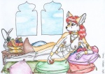 anthro banana bracelet breasts ear_piercing female food fruit fur genitals gold_(metal) grape hair jewelry multicolored_body multicolored_fur necklace nipple_chain nipple_piercing nipples orange_body orange_fur piercing pillow pineapple plant pussy reclining red_hair solo two_tone_body two_tone_fur white_body white_fur window henryweasel canid canine fennec_fox fox mammal true_fox 2002 traditional_media_(artwork)