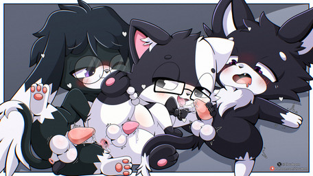 anal anus balls big_head black_body black_fur black_hair bodily_fluids bow_tie chibi cum cum_in_mouth cum_inside eyewear eyewear_only feral fur gaping gaping_anus genital_fluids genitals glasses glasses_only group group_sex hair male male/male male_penetrated male_penetrating male_penetrating_male neck_tuft nude penetration penile pull_out purple_eyes rectangular_glasses semi-anthro sex threesome trio tuft wearing_glasses young young_feral young_male cloudeon ceres_(cloudeon) reboot_(reboot) domestic_cat felid feline felis hybrid lagomorph leporid mammal rabbit hi_res