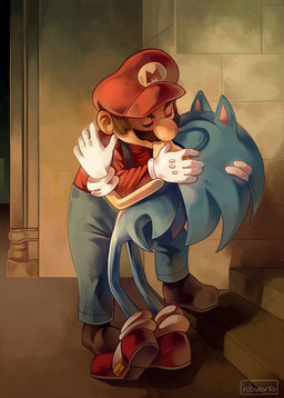 5_fingers anthro blue_body blue_fur brown_clothing brown_footwear brown_shoes clothing duo eyes_closed facial_hair fingers footwear fur gloves gothic_architecture handwear hat headgear headwear human_on_anthro inside interspecies kiss_on_lips kissing male male/male mustache overalls red_clothing red_footwear red_hat red_headwear red_shirt red_shoes red_topwear romanesque_architecture shirt shoes stairs standing stone_wall tail topwear wall_(structure) white_clothing white_gloves white_handwear iubworks mario_bros nintendo sega sonic_the_hedgehog_(series) mario sonic_the_hedgehog eulipotyphlan hedgehog human mammal 2023 digital_media_(artwork) hi_res inspired_by_formal_art